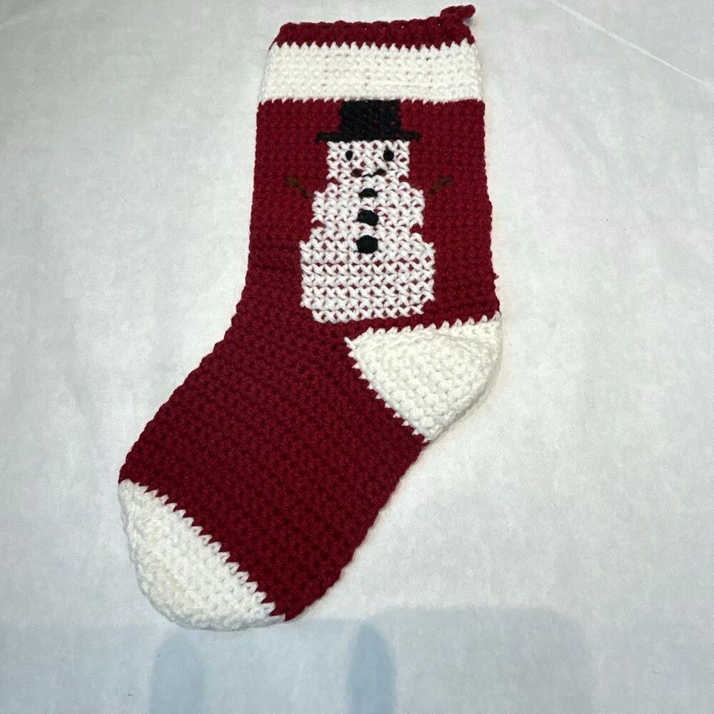 Vtg Handmade Crochet Christmas Stocking Red White Snowman Holiday Decor